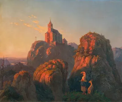 Пейзаж с церковью вечером by Эмиль Людвиг Лёр, 1845 — digital art print download