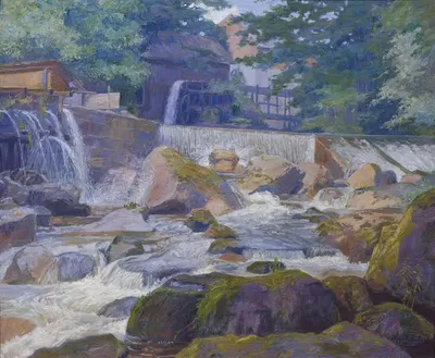 Flusswehr mit Mühle, Klam bei Grein by Hugo Schubert, 1913 — digital art print download