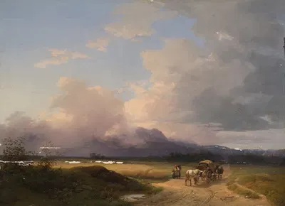 Пейзаж предгорья Альп с повозкой на дороге by Игнац Раффальт, 1847 — digital art print download