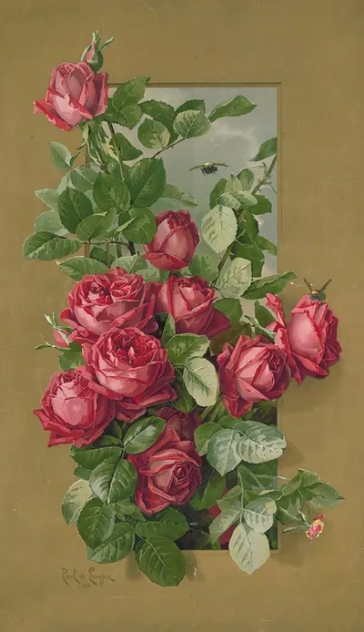 Red roses growing through a window by Paul de Longpre, 1896 — digital art print download
