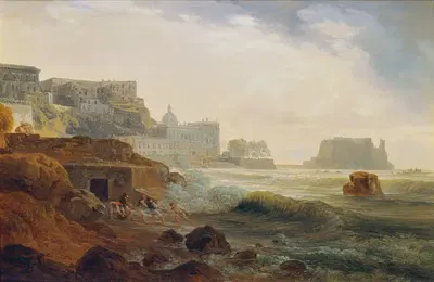 Берег у Неаполя с замком и рыбаками с сетями by Йозеф Ребелл, 1815 — digital art print download