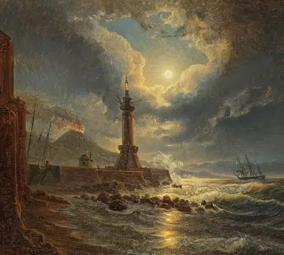 Маяк в гавани Неаполя при лунном свете by Йозеф Ребелл, 1827 — digital art print download