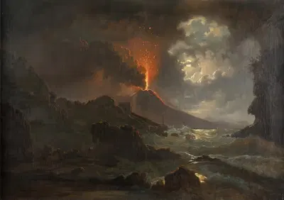 Извержение Везувия ночью с видом на Школу Вергилия by Йозеф Ребелл, 1822 — digital art print download