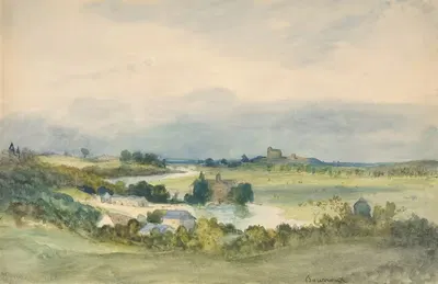 Extensive landscape prospect with a fortified building on hill in the background by Antoine Chintreuil — digital art print…
