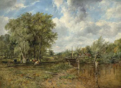 A wooded landscape with a cattle and cottage beyond by Frederick Waters Watts — digital art print download