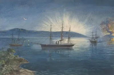 The Bay of Bull Arms, Trinity Bay, Newfoundland, Bonfires Lighted on the Hills to Notify of the Arrival of the Cable Fleet…