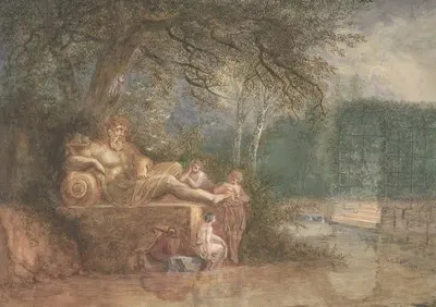 Парк с фигурами у статуи у воды by Соломон Гесснер, 1775 — digital art print download
