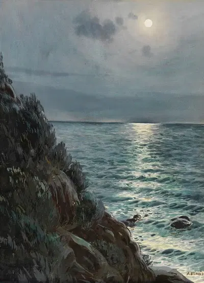 Seashore under a full moon by Albert Nikolaevich Benois — digital art print download