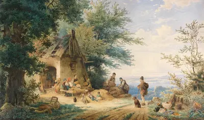 Sommerliche Landschaft mit Bauern bei der Flachsverarbeitung by Anton Doll — digital art print download