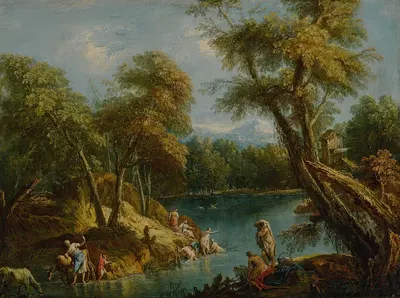 A wooded landscape with figures and animals by a lake by Antonio Diziani — digital art print download