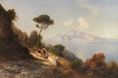 Italienische Küstenlandschaft, im Hintergrund die Berge von Capri by Ascan Lutteroth — digital art print download