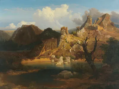 Landscape with rugged cliffs and mountain lake by Carl Dahl, 1840 — digital art print download
