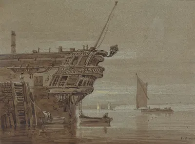 An East Indiaman Moored, Small Boats Alongside, Other Boats Further Off by Samuel Prout — digital art print download