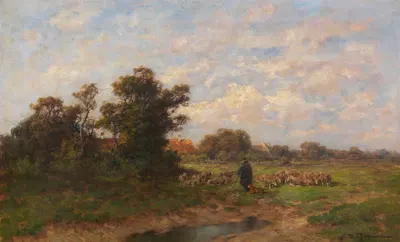 Schäfer mit seiner Herde am Dorfrand by Désiré Thomassin, 1900 — digital art print download