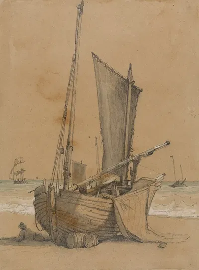 Fishing Boat on the Beach with a Brig at Sea by Samuel Prout — digital art print download