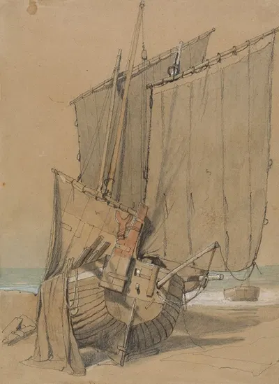 Fishing Boats on the Beach with Sails Drying by Samuel Prout — digital art print download