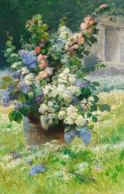 Ветви сирени и мальвы by Южен Анри Кошуа — digital art print download
