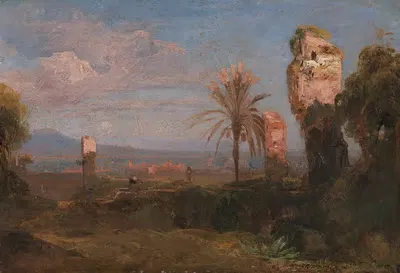 Südliche Landschaft mit Ruinen und Palmen by Friedrich August Elsasser — digital art print download