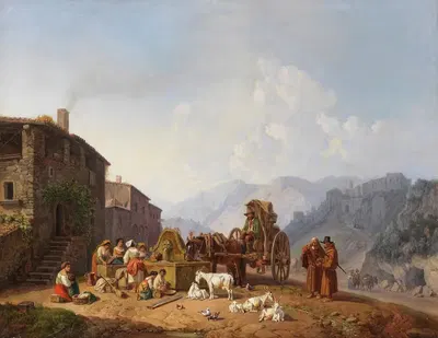 У деревенского фонтана в итальянских горах by Генрих Бюркель, 1852 — digital art print download