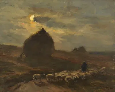 Стадо овец и пастух при лунном свете by Жан Фердинанд Шеньо — digital art print download