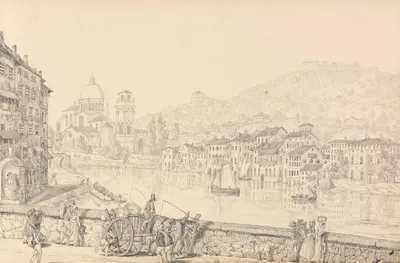 City of Verona and Church of San Giorgia looking to the left on the Bridge by Сэр Чарльз Д'Ойли, 1840 — digital art print…