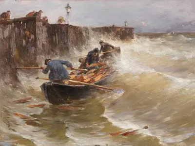 Gefährliche Anlandung der Holzfischer am Bodensee by Joseph Wopfner — digital art print download