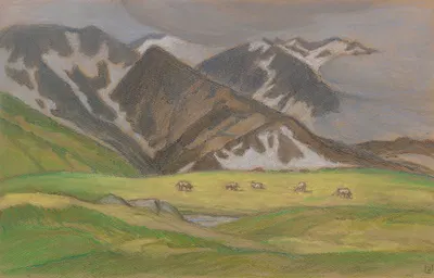 Швейцарский альпийский пейзаж с пасущимися коровами by Людвиг фон Хофман — digital art print download