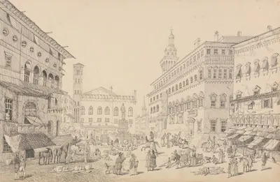 Square at Bologna, Cathedral and Palace of the Pope's legate by Сэр Чарльз Д'Ойли, 1840 — digital art print download