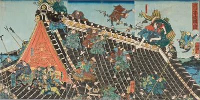Battle on roof of Hōryūkaku, from the Play 'Tale of the Eight Dogs' (Hakkenden) by Utagawa Kunisada II, 1854 — digital art…