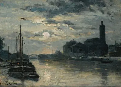 Le Canal De L'ourcq, L'église Saint-Christophe, Vue Du Quai De La Marne. Effet De Lune by Stanislas Lépine — digital art…