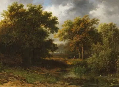 Лесной пейзаж с прудом и отдыхающими by Виллем Бодеман, 1853 — digital art print download