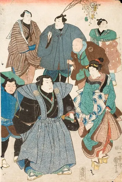 Празднование весны (Актёры Кабуки, замаскированные под уличную толпу) by Утагава Куниёси — digital art print download