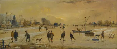 Зимний пейзаж с конькобежцами и игроками в кельф, деревня слева by Аерт ван дер Нир — digital art print download