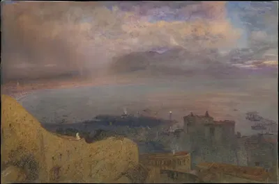 Вид на Неаполитанский залив с Везувием, курящимся вдали (вечер) by Альфред Уильям Хант, 1871 — digital art print download
