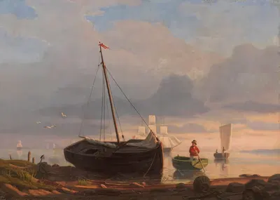 Рыбацкие лодки на пляже при вечернем свете by Антон Мельбе, 1847 — digital art print download