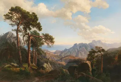 Вид с перевала Кол ди Сорба у Вивари с соснами, Корсика by Карл Хуммель, 1871 — digital art print download