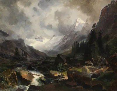 Долина с горным ручьем by Карл Хуммель, 1860 — digital art print download