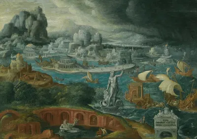 Classical Landscape With Ships Running Before A Storm Towards A Classical Harbour by Circle of Maarten van Heemskerck —…