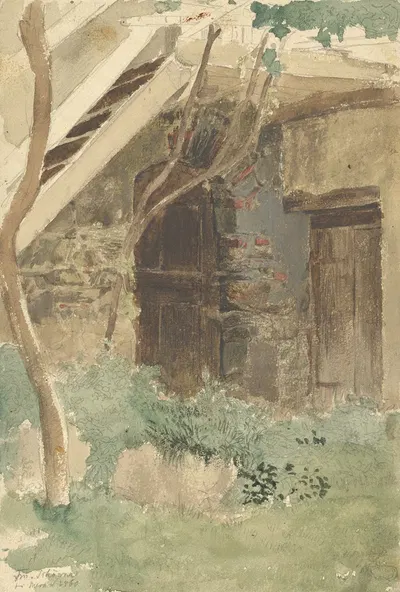 A Wooden Door of a Farm Building near Merano by Friedrich Eduard Meyerheim, 1860 — digital art print download