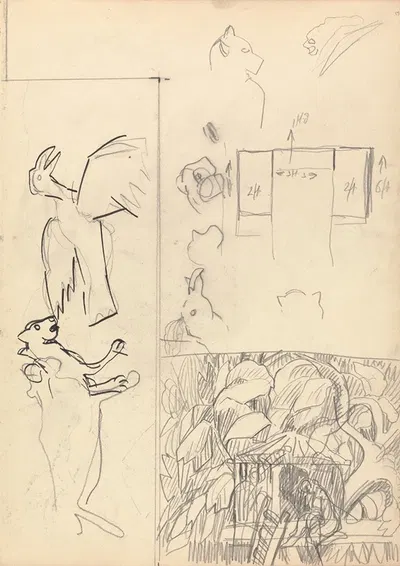 Cave of the Golden Calf; Studies of Tree Houses, Animals and Floor Plan by Спенсер Фредерик Гор, 1912 — digital art print…