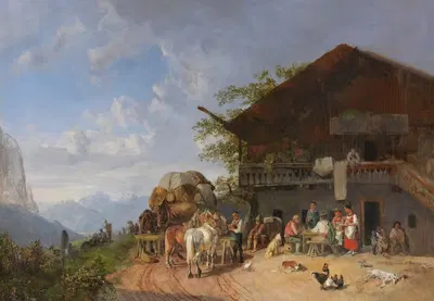 Отдых перед гостиницей в горах by Генрих Бюркель, 1846-1857 — digital art print download
