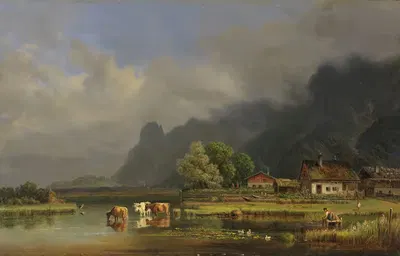 Озеро Кохель с домами Шлехдорфа by Генрих Бюркель, 1863-1867 — digital art print download