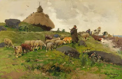 Пастух с отарой на обратном пути by Хуго Мюлиг, 1908 — digital art print download