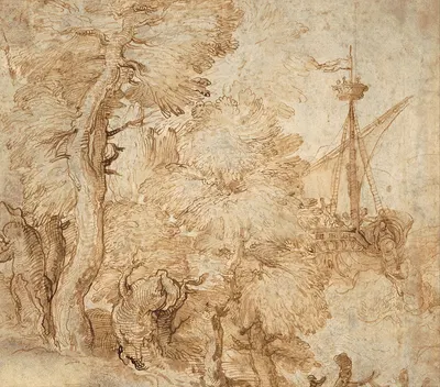 Jonah and the whale, seen from a landscape with trees by Taddeo Zuccaro — digital art print download