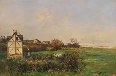 Пейзаж с фахверковым домом и крестьянкой by Антуан Гийемет, 1890 — digital art print download