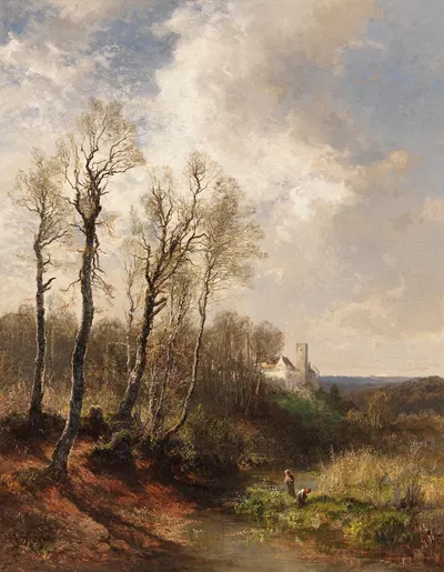Kinder am Isarhochufer mit Blick auf Burg Grünwald by Josef Wenglein, 1890 — digital art print download