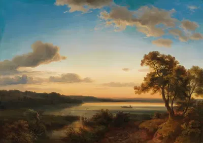 Morgendliche Seelandschaft mit heimkehrendem Fischer by Kilian Metzinger, 1864 — digital art print download