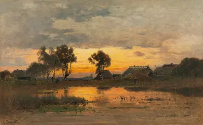 Abenddämmerung am Weiher by Louis Douzette, 1870 — digital art print download