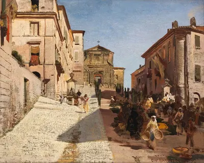 Вид на Генцано с церковью Санта-Мария делла Чима by Освальд Ахенбах, 1885 — digital art print download