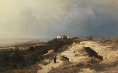 Пейзаж с монашеским странником by Освальд Ахенбах, 1850 — digital art print download